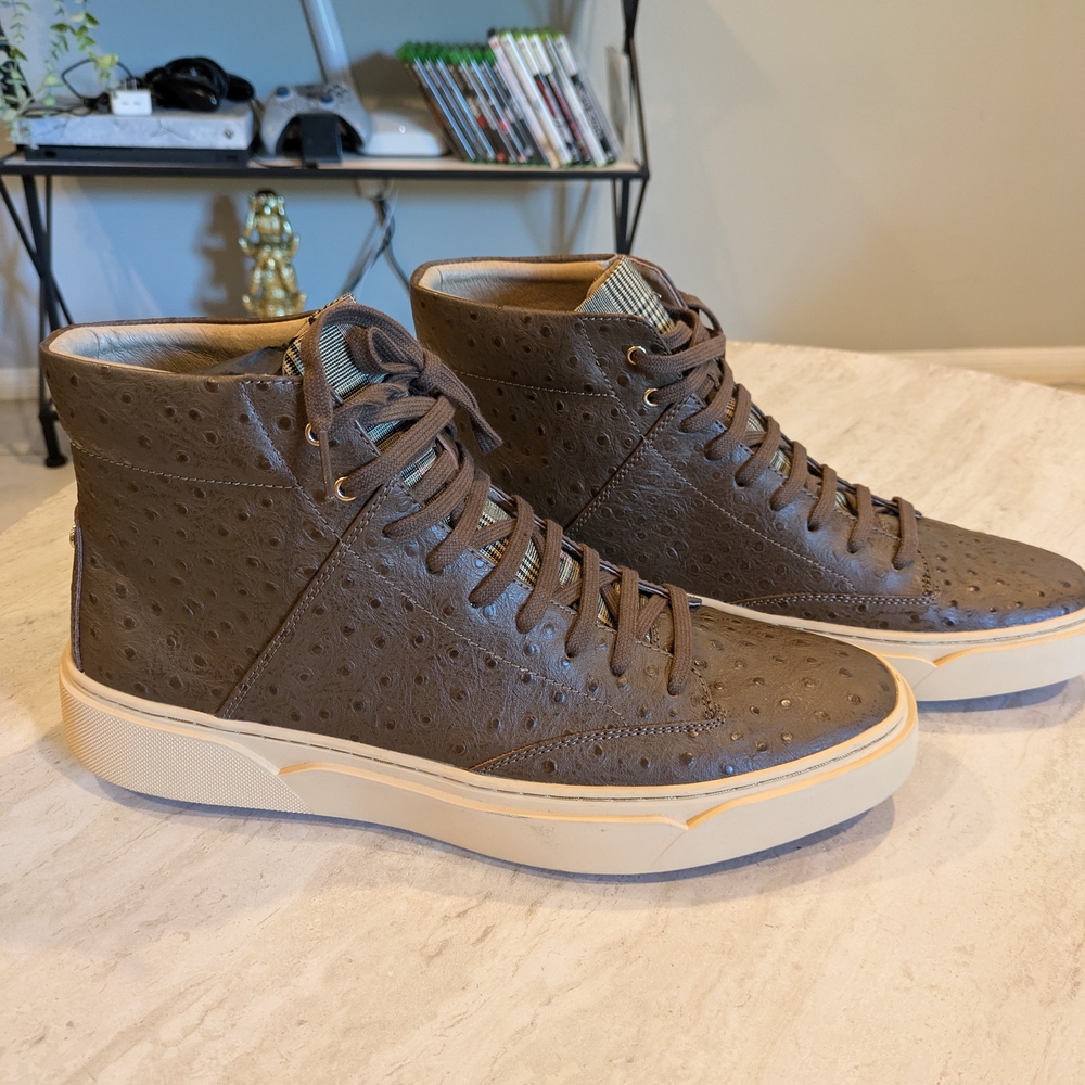 Brown High-Top Leather Sneakers with Beige Sole